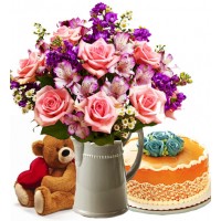Flowers with Cakes and Teddy Bear